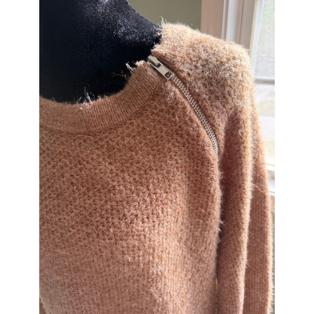 Brown Knit Shoulder Zip Sweater, Soft & Fuzzy Tunic Pullover - Picture 2 of 6